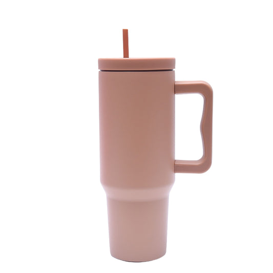 40 oz. Stainless Steel Modern Tumbler with Handle & Straw - Tan-0