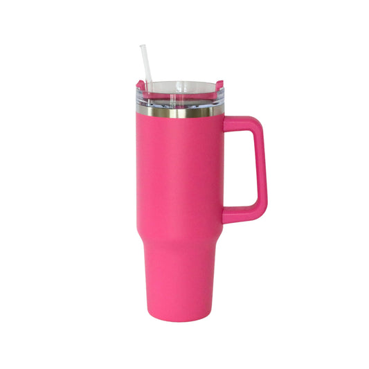40 Oz Stainless Steel Tumbler with Handle & Straw - Hot Pink-0